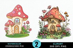 Watercolor Mushroom House PNG Set Clipart Product Image 1