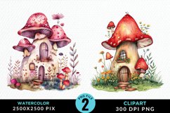 Watercolor Mushroom House PNG Set Clipart Product Image 1
