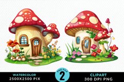 Watercolor Mushroom House PNG Set Clipart Product Image 1