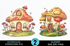 Watercolor Mushroom House PNG Set Clipart Product Image 1