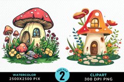Watercolor Mushroom House PNG Set Clipart Product Image 1