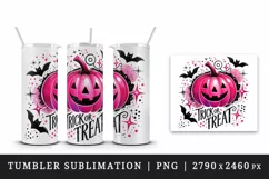 Watercolor neon pink pumpkin Trick or Treat text quote lettering Halloween print tumbler skinny mug wrap clipart t-shirt sublimation printable design