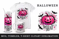 Watercolor neon pink pumpkin Trick or Treat text quote lettering Halloween print tumbler skinny mug wrap clipart t-shirt sublimation printable design