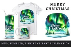 Watercolor Northern Lights night sky landscape Merry Christmas quote print 20 oz tumbler skinny mug wrap clipart t-shirt sublimation printable design