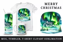 Watercolor Northern Lights night sky landscape Merry Christmas quote print 20 oz tumbler skinny mug wrap clipart t-shirt sublimation printable design