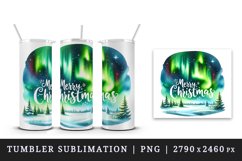Watercolor Northern Lights night sky landscape Merry Christmas quote print 20 oz tumbler skinny mug wrap clipart t-shirt sublimation printable design