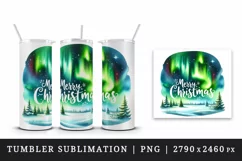 Watercolor Northern Lights night sky landscape Merry Christmas quote print 20 oz tumbler skinny mug wrap clipart t-shirt sublimation printable design