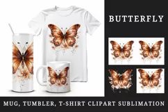 Watercolor orange brown butterfly floral sparkle flowers insect diamonds 20 oz tumbler skinny mug wrap clipart t-shirt sublimation printable design