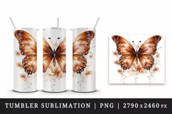 Watercolor orange brown butterfly floral sparkle flowers insect diamonds 20 oz tumbler skinny mug wrap clipart t-shirt sublimation printable design