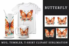 Watercolor orange brown butterfly floral sparkle flowers insect diamonds 20 oz tumbler skinny mug wrap clipart t-shirt sublimation printable design