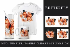 Watercolor orange brown butterfly floral sparkle flowers insect diamonds 20 oz tumbler skinny mug wrap clipart t-shirt sublimation printable design