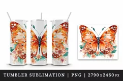 Watercolor orange brown butterfly floral sparkle flowers insect diamonds 20 oz tumbler skinny mug wrap clipart t-shirt sublimation printable design