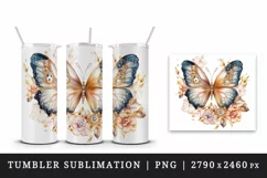 Watercolor orange brown gold blue butterfly floral sparkle flowers diamonds 20 oz tumbler skinny mug wrap clipart t-shirt sublimation printable design