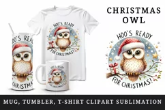 Watercolor owl branch Santa hat Hoo Ready for Christmas quote print 20 oz tumbler skinny mug wrap clipart t-shirt sublimation printable design