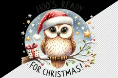 Watercolor owl branch Santa hat Hoo Ready for Christmas quote print 20 oz tumbler skinny mug wrap clipart t-shirt sublimation printable design