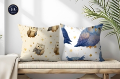 Watercolor Owls with Tiny Stars Dreamy Digital Paper Product Image 2