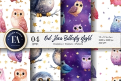 Dreamy Owls with Tiny Stars Watercolor Digital Paper Product Image 1