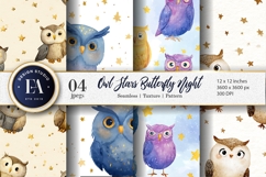Watercolor Owls with Tiny Stars Dreamy Digital Paper Product Image 1