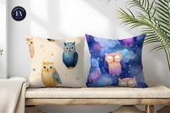Dreamy Watercolor Owls Tiny Stars Seamless Digital Paper Product Image 2