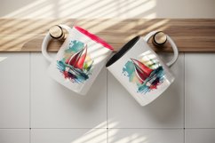 Watercolor painting of sailboat with red sails on calm water summer print 20 oz tumbler skinny mug wrap clipart t-shirt sublimation printable design