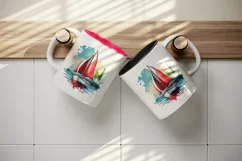 Watercolor painting of sailboat with red sails on calm water summer print 20 oz tumbler skinny mug wrap clipart t-shirt sublimation printable design