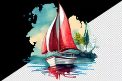 Watercolor painting of sailboat with red sails on calm water summer print 20 oz tumbler skinny mug wrap clipart t-shirt sublimation printable design