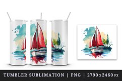 Watercolor painting of sailboat with red sails on calm water summer print 20 oz tumbler skinny mug wrap clipart t-shirt sublimation printable design