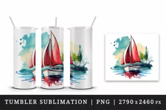 Watercolor painting of sailboat with red sails on calm water summer print 20 oz tumbler skinny mug wrap clipart t-shirt sublimation printable design
