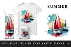 Watercolor painting of sailboat with red sails on calm water summer print 20 oz tumbler skinny mug wrap clipart t-shirt sublimation printable design