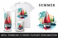 Watercolor painting of sailboat with red sails on calm water summer print 20 oz tumbler skinny mug wrap clipart t-shirt sublimation printable design