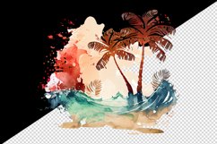 Watercolor painting of tropical beach scene with palm trees summer print 20 oz tumbler skinny mug wrap clipart t-shirt sublimation printable design