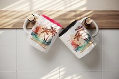 Watercolor painting of tropical beach scene with palm trees summer print 20 oz tumbler skinny mug wrap clipart t-shirt sublimation printable design