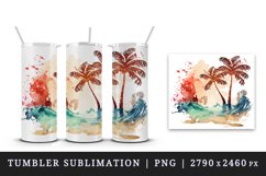 Watercolor painting of tropical beach scene with palm trees summer print 20 oz tumbler skinny mug wrap clipart t-shirt sublimation printable design