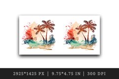 Watercolor painting of tropical beach scene with palm trees summer print 20 oz tumbler skinny mug wrap clipart t-shirt sublimation printable design