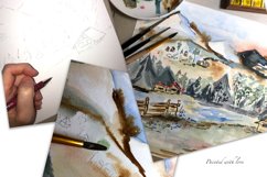 Photos of the watercolor painting process of the mountain landscape drawng