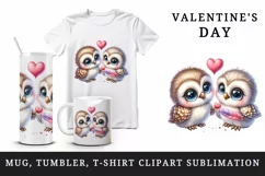 Watercolor pair of cute friendly owls holding heart Love Valentine Day print 20oz tumbler skinny mug wrap clipart t-shirt sublimation printable design