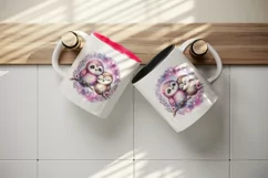 Watercolor pair of cute friendly owls pink sparkle Love Valentine Day print 20 oz tumbler skinny mug wrap clipart t-shirt sublimation printable design