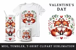 Watercolor pair of cute friendly red foxes hearts Love Valentine Day print 20 oz tumbler skinny mug wrap clipart t-shirt sublimation printable design