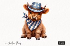 Watercolor Cowboy Highland Cow Clipart | 4th Of July PNG Product Image 1