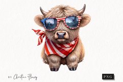 Watercolor Retro Highland Cow Clipart | 4th Of July PNG Product Image 1