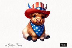 Watercolor Patriotic Highland Cow Clipart | 4th Of July PNG Product Image 1