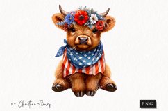 Watercolor Patriotic Floral Highland Cow Clipart Product Image 1