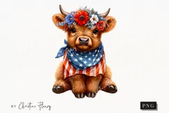 Watercolor Patriotic Floral Highland Cow Clipart Product Image 1
