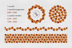 Wreath, round arrangement and 2 seamless borders of watercolour peaches on a white background