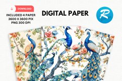 Watercolor Peacock Digital Paper, Peacock Background Product Image 1