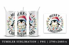 Watercolor penguin twinkling lights Merry Christmas quote New Year winter print tumbler skinny mug wrap clipart t-shirt sublimation printable design