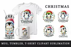 Watercolor penguin twinkling lights Merry Christmas quote New Year winter print tumbler skinny mug wrap clipart t-shirt sublimation printable design