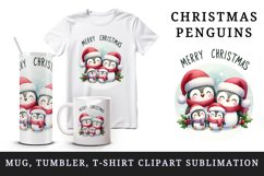 Watercolor penguins Santa hats family Merry Christmas quote print 20 oz tumbler skinny mug wrap clipart t-shirt sublimation printable design