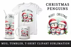 Watercolor penguins Santa hats family Merry Christmas quote print 20 oz tumbler skinny mug wrap clipart t-shirt sublimation printable design
