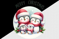 Watercolor penguins Santa hats family Merry Christmas quote print 20 oz tumbler skinny mug wrap clipart t-shirt sublimation printable design
